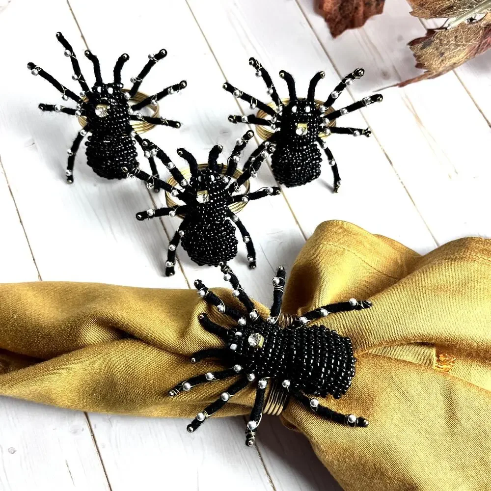 Set of 4 Black Widow Spider Beaded Napkin Rings Rhinestone Gold Halloween Glam